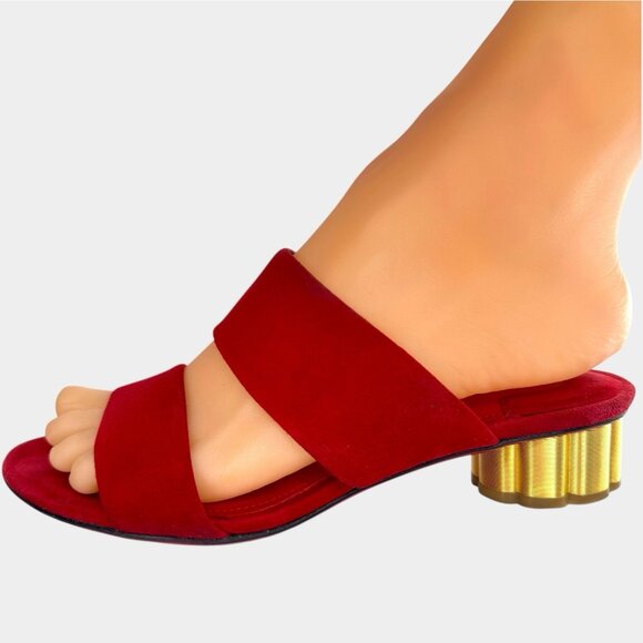 Salvatore Ferragamo Belluno Lipstick Suede Calf Flower Heel Slide Sandals US 4.5 - Picture 4 of 14